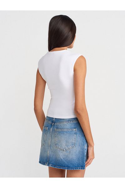 Dilvin 21054 Shirred Basic T-Shirt-White