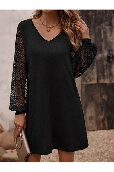 COTTONLAB Rochie de damă, cu mâneci lungi, cu decolteu în V, scurtă, din crep importat