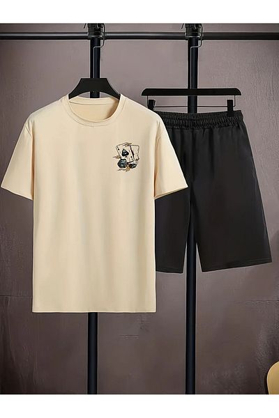 LAND MODA Men's Casual Short Sleeve T-Shirt and Lace-Up Shorts Set, Suitable for Outdoor Sports for Summer,