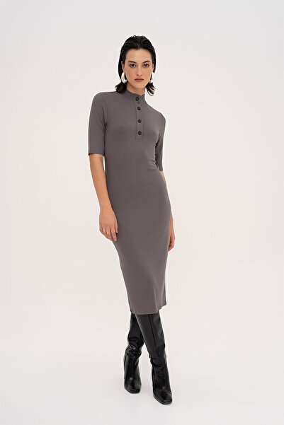 Genel Markalar Dik Düğmeli Yaka Slim Fit Uzun Gri Kadın Elbise