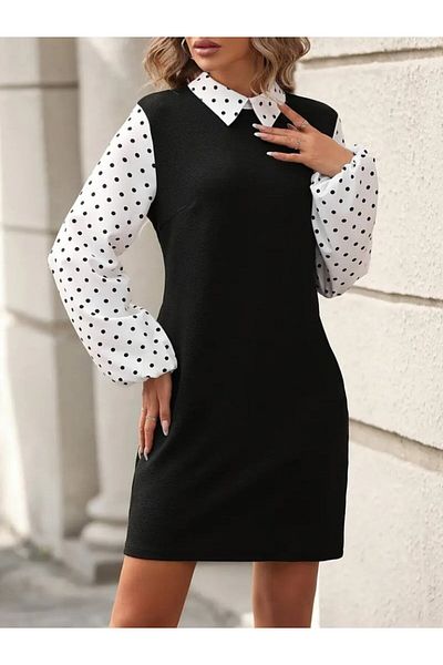İpeksi Silky Women's Long Sleeve Collared Sleeves and Collar Polka Dot Detailed Imported Crepe Dress