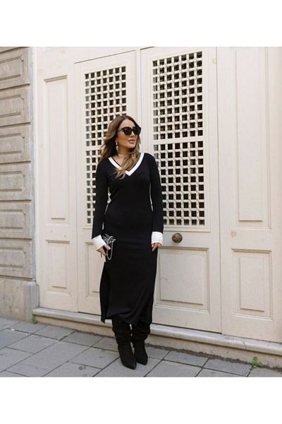 gelirr Women's V-Neck Stripe Detailed Double Slit Dress