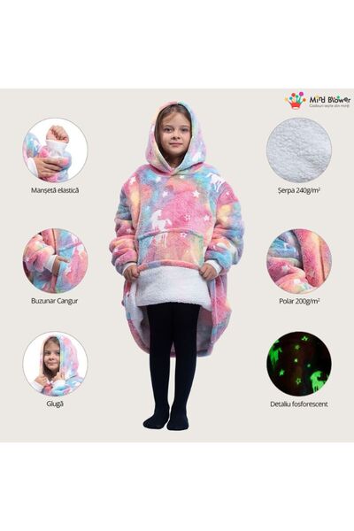 OEM Blanket with sleeves, Unicorn, Sweatshirt type, phosphorescent, elastic cuff, Flannel & Polar, 75 cm