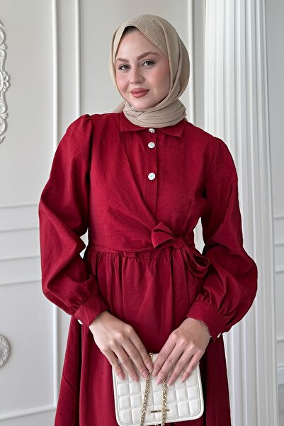 InStyle Düğme Detay Çapraz Bağlamalı Modal Bordo Elbise