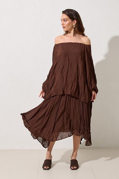 Setre Coffee Relaxed Fit Blouse Midi Size Asymmetrical Skirt Suit