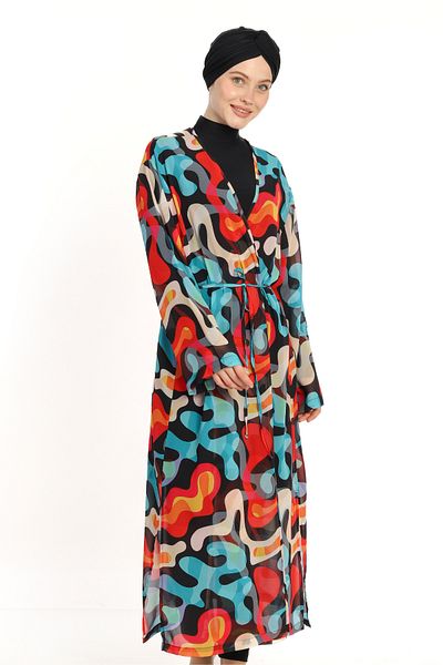 İYİBU Allsea Women's Colorful Patterned Tulle Pareo – Long Beach Kimono for Swimsuit Top