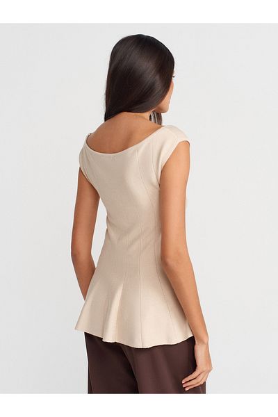 Dilvin 10741 Boat Neck Flounced Knitwear Blouse-Stone