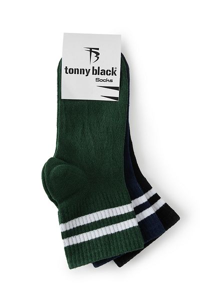 Tonny Black Унисекс черно-зелени тъмносини 3 чифта раирани памучни колежански чорапи