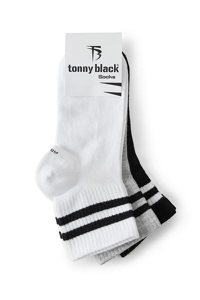 Tonny Black Унисекс черно-сиво-бели 3 чифта раирани памучни колежански чорапи