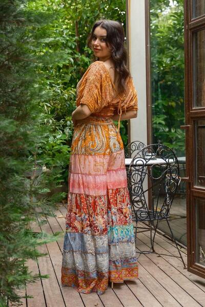 Miss Boheme Orange Bohemian Patchwork Palazzo Silk Trousers
