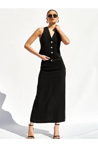 Coral Belted Skirt and Vest Set Black