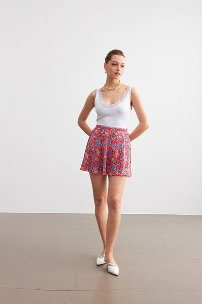 Trendseninle Fusta de damă cu model de flori roz plisate mini-lungime