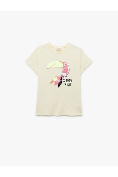 Koton T-Shirt Sequin Sequined Short Sleeve Parrot Printed Cotton