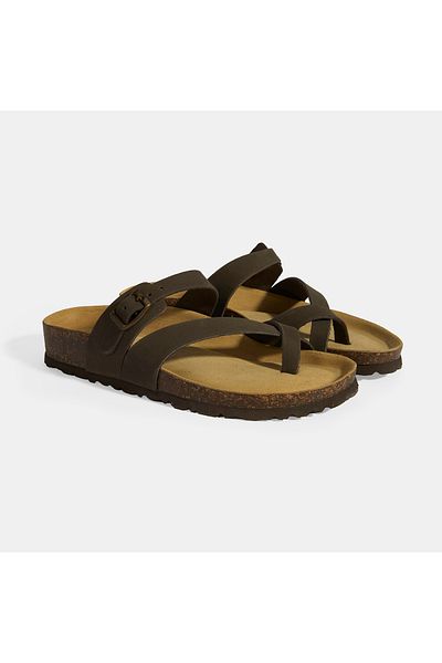 Desa Brown Women's Buckle Detailed Flip Flops Nubuck Slippers