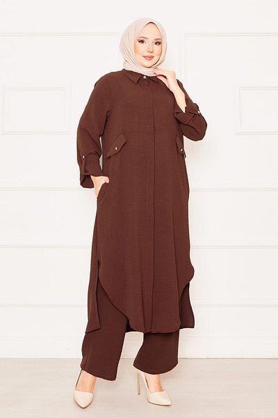 EBRUTESETTÜR Long Tunic Trousers with Foldable Sleeves and Pockets Double Hijab Suit