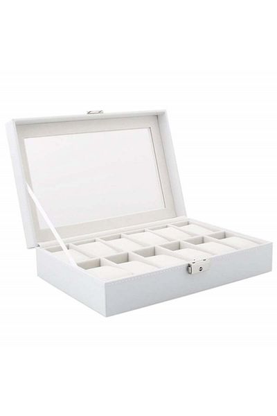 PUFO Elegant storage box with compartments for 12 watches, Pufo Premium model with key, white