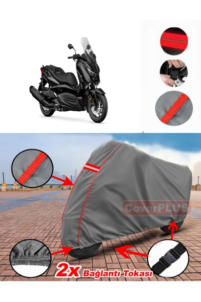 CoverPlus Yamaha 2025 XMAX 250 Tech MAX Branda Motor Brandası Motorsiklet Örtüsü Çadır Kırmızı Dikişli Gri