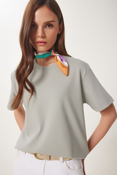 Lovelyİstanbul Basic Βαμβακερό Πλεκτό T-shirt ΓΚΡΙ LUS0094