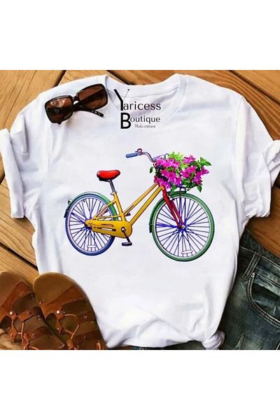 PENTHİLUS T-Shirt for Women with Short Sleeve Rose and Bicycle Print Round Neck, Graphic
