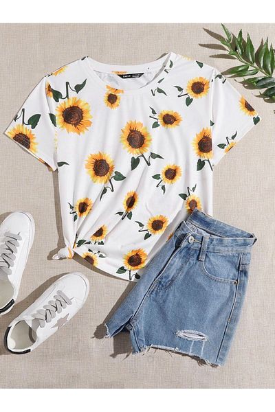 PENTHİLUS Short Sleeve Floral Print T-Shirt, Elegant Round Neck Flower Blouse for Women, Graphic