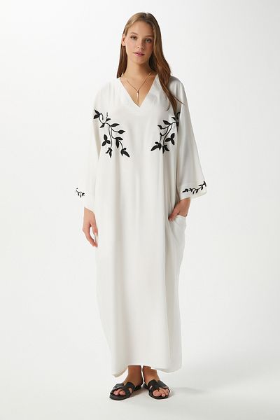 Ritnice Modest Women's Glowy Embroidered Ecru 100% Viscose Pocket Wide Cut Long Summer Dress