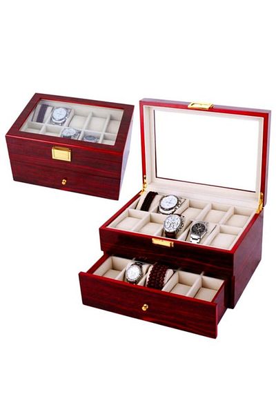 PUFO Wooden Box For Storing And Organizing 20 Watches, Premium Model, Tiered With Drawer