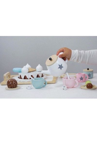 zola Children's wooden tea set, Montessori, role play, accessories included, cream with brown