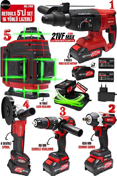 RETOOLS 5 Lİ SET KIRMIZI KABARTMALI (4 LÜ SET + 16 YÖNLÜ KIRMIZI LAZER )