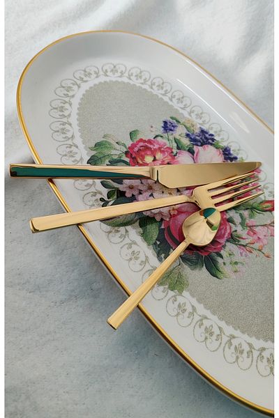 EBRULİEMAYE Gold Dessert Cutlery Knife Tea Spoons 6 Persons 18 Pieces No Fade Product