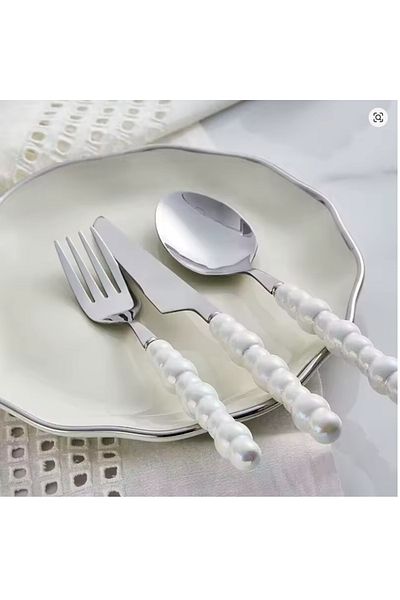 Loş Dükkan 24 Piece White Pearl Stone Detailed Dinner Fork Spoon Knife Set with Plastic Handle