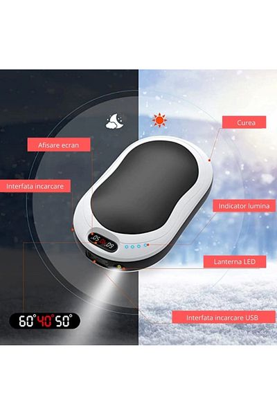 OEM Powerbank cu incalzire, Bucuria frigurosilor, 55 grade, functie incalzire maini, 10000mAh