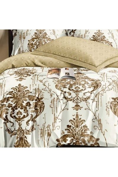 Pucioasa Lenjerie de pat dublu din finet, cearceaf pilota 200x220cm, set 6 piese, baroc Crem/Maro