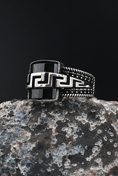 Prestige Siyah Zirkon Taşlı Grek Desenli 925 Ayar Gümüş Erkek Yüzüğü 901721