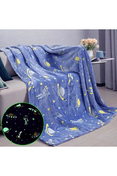 OEM Patura fosforescenta cu astronauti, flanel moale 130x150 cm, patura pufoasa cu stele si planete