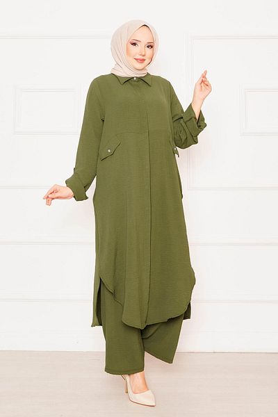 EBRUTESETTÜR Long Tunic Trousers with Foldable Sleeves and Pockets Double Hijab Suit