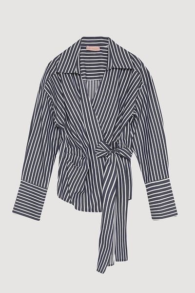 Quzu Striped Double Breasted Tie-Up Shirt Blouse