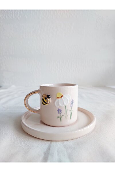 Handmade Arı detaylı 120ml Kahve fincanı ve tabağı/El yapımı