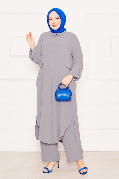 EBRUTESETTÜR Long Tunic Trousers with Foldable Sleeves and Pockets Double Hijab Suit