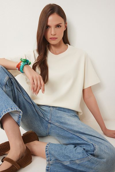 Lovelyİstanbul Basic Cotton Knitted T-Shirt Cream Lus0094