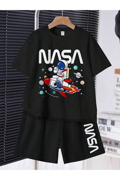 vinraus Girl\Boy Black Nasa Planets Printed Combed Cotton Shorts-Tshirt Set