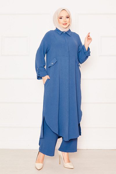 EBRUTESETTÜR Long Tunic Trousers with Foldable Sleeves and Pockets Double Hijab Suit