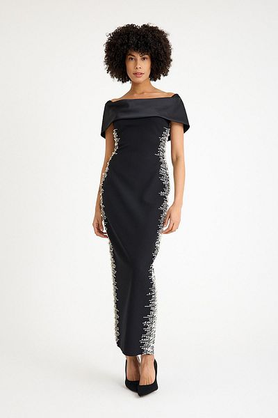 SpringStore Black Strapless Stone Embroidered Evening Dress