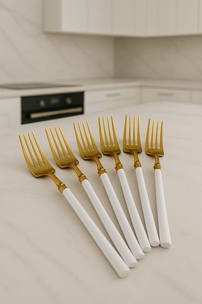 AYGÖREN HOME 6 Pieces White Detailed Gold Cutlery Set |   6 Piece Luxury Dinner Fork Set