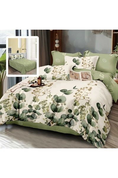 Pucioasa Set de lenjerie dublă de la Finet, husă pilotă 200x220 cm, set 6 piese, frunze verzi