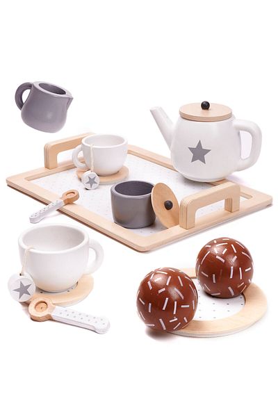 zola Children's wooden tea set, Montessori, role play, accessories included, cream with brown