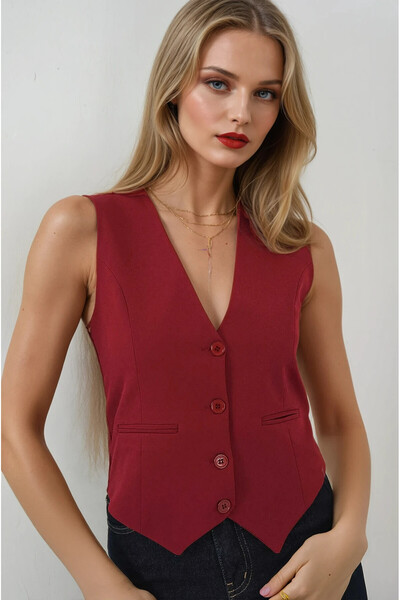 hazelin Women's Burgundy Buttoned Lined Vest Hzl25S-Bd 167961