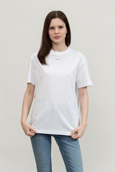 Calvin Klein Round Neck Printed White Women's T-Shirt Nano Logo Regular T-Shirt