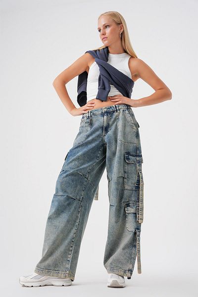 BPF Blue Vintage Washed Cargo Pocket Low Waist Loose Loose Cut Jean