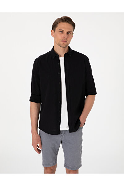 Pierre Cardin Μαύρο λινό μείγμα, μακρυμάνικο πουκάμισο κανονικής εφαρμογής 50...