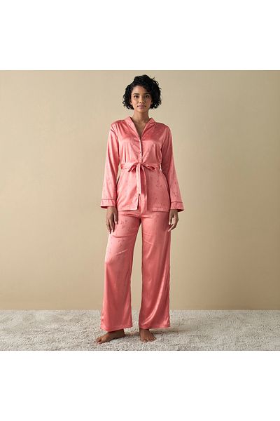 FAV Textured Shirt and Pyjama Set with Belt Tie-Up